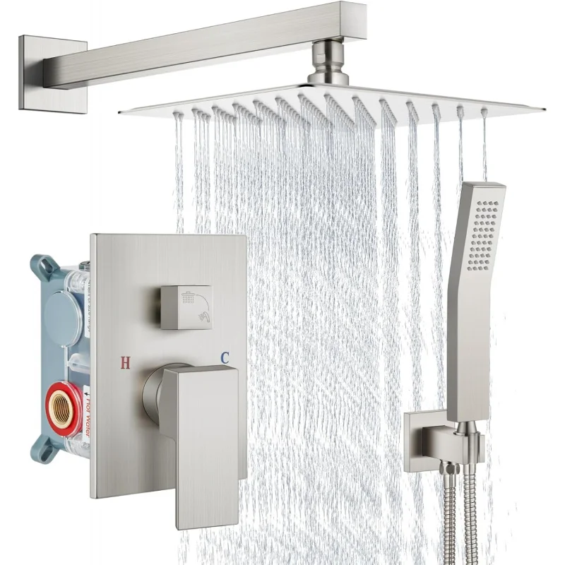 

8-Inch Wall-Mount Rain Shower System - Brushed Nickel Finish, with Handheld Spray, Rough-in Valve & Trim Kit Included