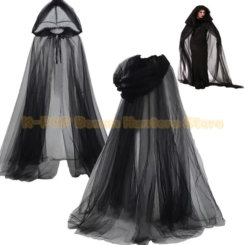 Novo halloween bruxa manto traje feminino cosplay feiticeiro goth preto branco capuz tule capa roupas de casamento nupcial outfit