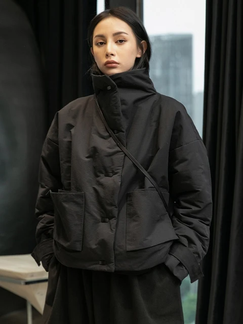 EAM Black Warm Short Stand Collar Cotton-Padded Coat Long Sleeve Loose Fit Women Parkas – view 4