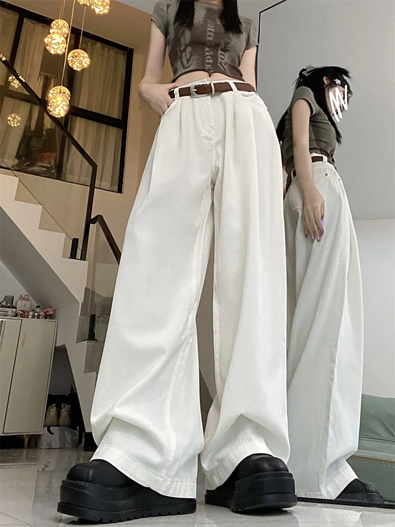 QWEEK Y2K Vintage Khaki Baggy Jeans Women Korean Style Basic Denim Pants Female Oversized Harajuku Retro Wide Leg Trousers