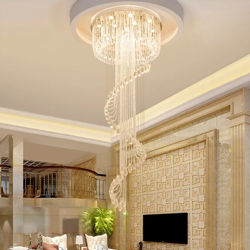 Modern Double Spiral Staircase Lustre Crystal Ceiling Chandelier Loft Restaurant Hotel Hall Long Illumination Lights