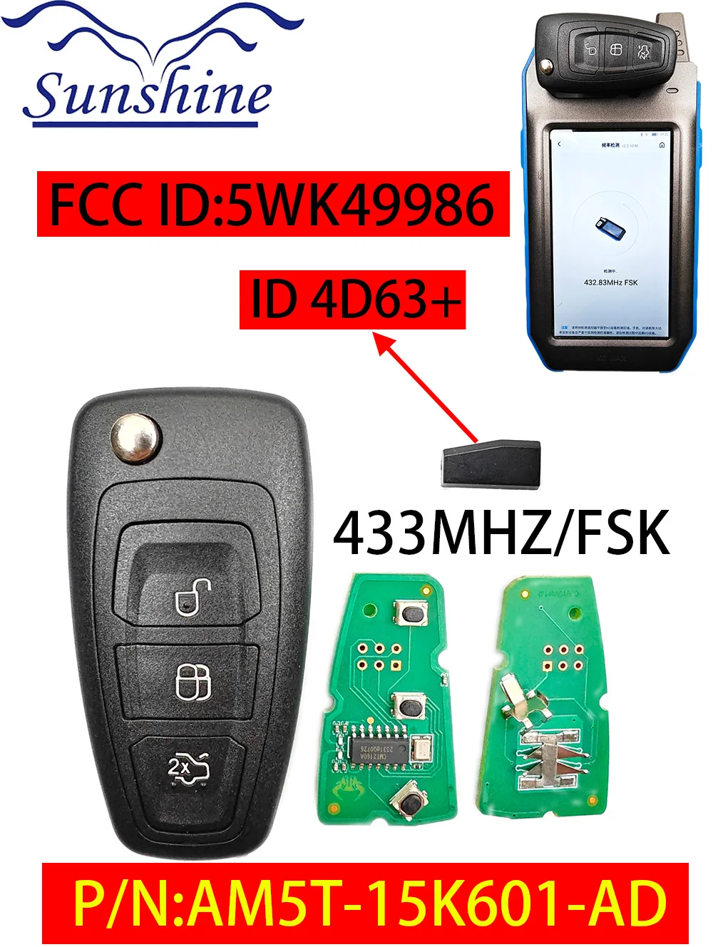 

2/PCS Sunshine Folding Remote Key For Ford C-Max S-Max Focus MK3 Grand Mondeo 2010-2018 434MHz 4D63 Chip 5WK49986