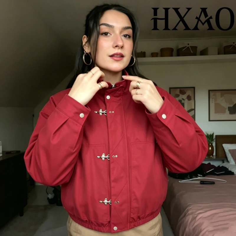 HXAO Frog Buckle Damen-Bomberjacke, Demi-Season, langärmlig, rote Jacken für Damen, Streetwear, übergroße, kurze Moto-Jacke