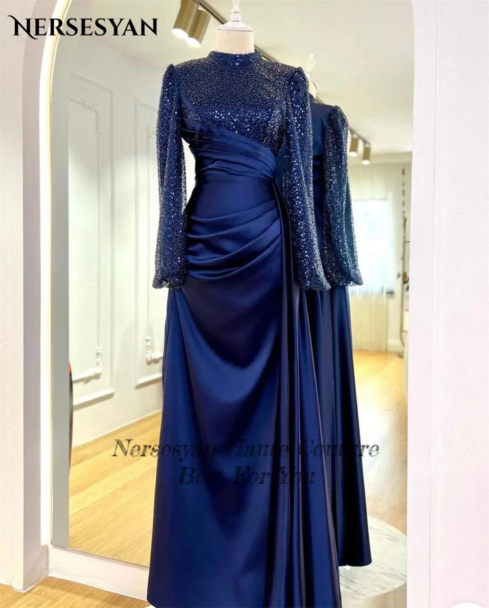 Nersesyan Glitter Solid Formal Evening Dresses High Neck Pleats Lantern Sleeves Prom Dresss Dubai Sparkly Wedding Party Gowns