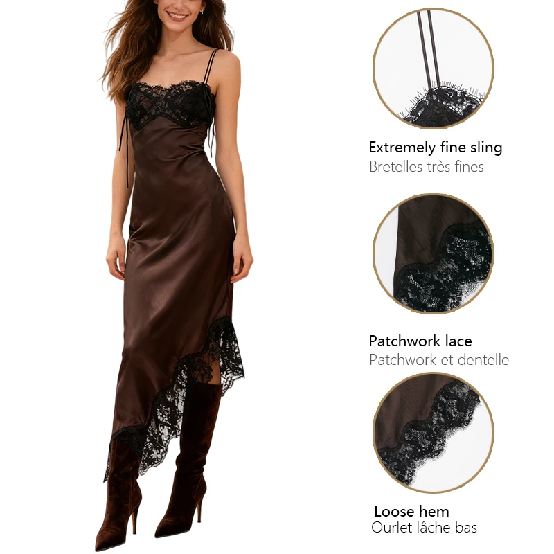 Robe asymétrique en satin et dentelle, bordure en dentelle noire sur le décolleté et l'ourlet, couture exquise, nouvelle collection hiver 2025.