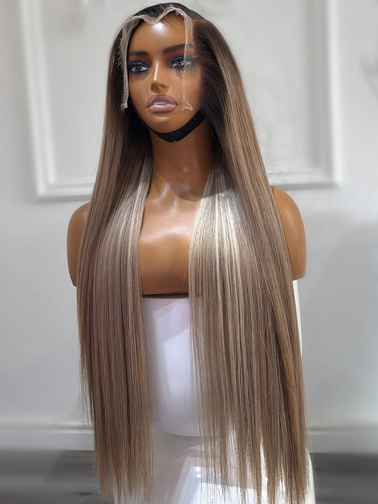 Zijdezachte rechte ombre natuurlijke bruine asblonde 13x4 HD transparante kant frontale pruiken van hoogwaardig glanzend Remy mensenhaar - afbeelding 2