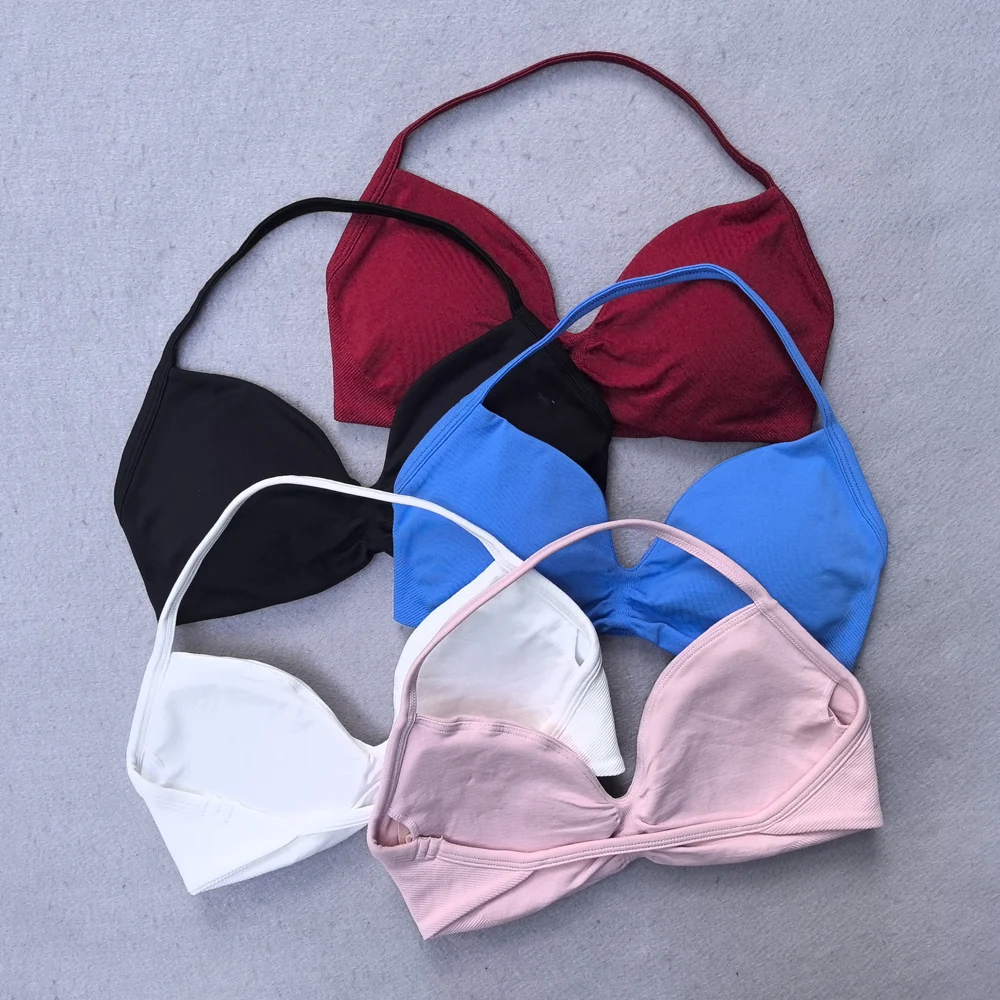 New Strappy Bra Women Low Support Ruched Halter Sports Bra Open Back Gym Crop Top Padded Seamless Workout Yoga Tank Tops
