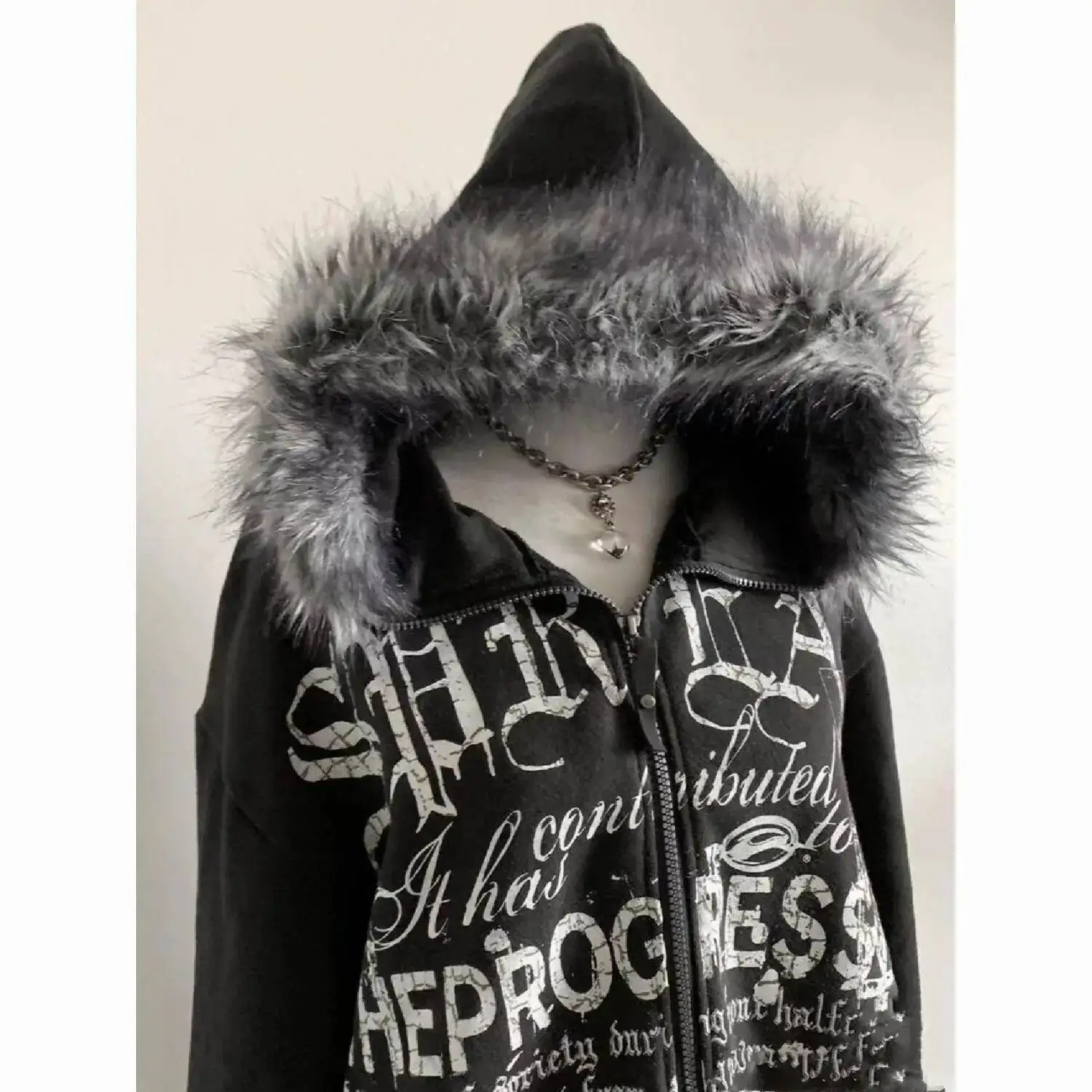 

2025 Autumn Winter Unisex Hoodies Dark Punk Style Fleece Lined Hoodie Jacket Black Letter Print Zipper Cardigan With Fur Collar