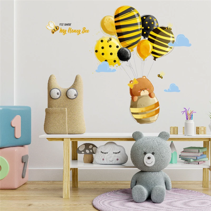 

Cute Bear With Bee Balloon Pattern Wall Stickers For Home Decoration Cartoon Animals Mural Art Kids Bedroom Decals Pvc Posters