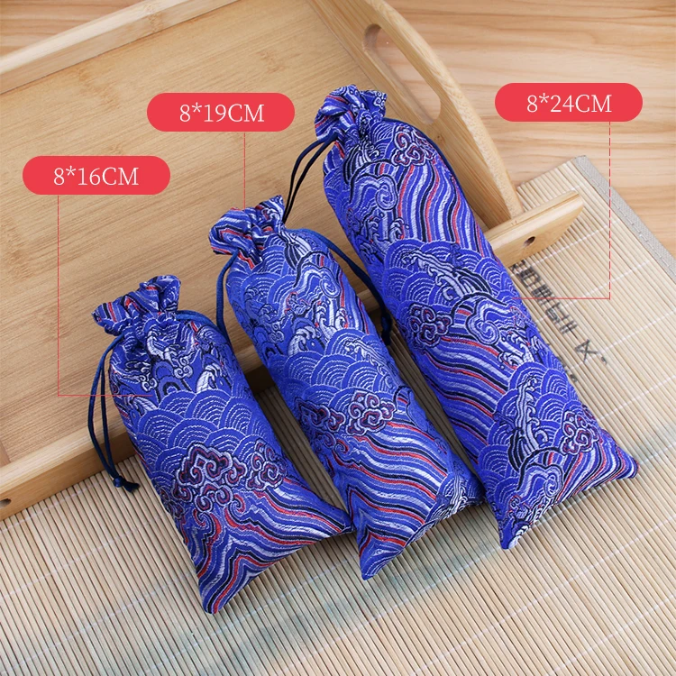 

50pcs Seawater Vintage Chinese Silk Satin Long Gift Pouches 3 size Drawstring Wood Comb Jewelry Packaging Bag Storage