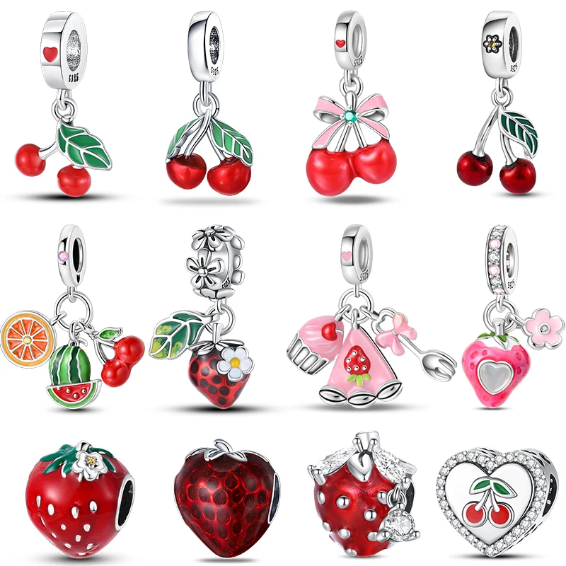 Fashion 925 Sterling Silver Red Strawberry Cherry Apple Charms Beads Fit Pandora 925 Original Bracelet Fine DIY Birthday Jewelry