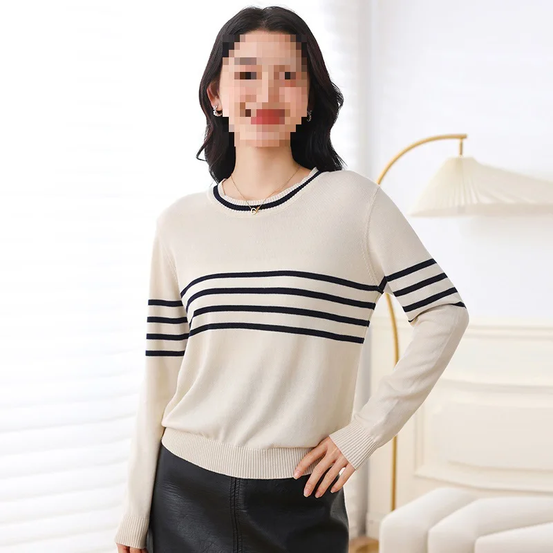 

Новый женский полосатый хлопковый вязаный пуловер с круглым вырезом, свободный топ с длинными рукавами, верхняя одежда
