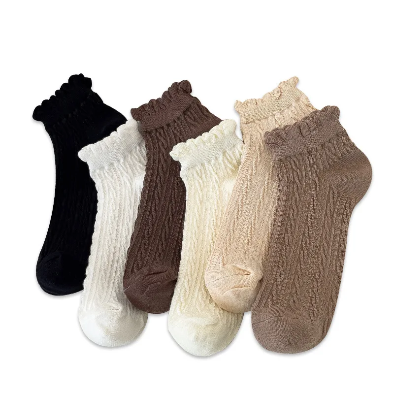 6 paires de chaussettes en dentelle pour femmes, couleur unie, pâte frite douce, torsions, Tube bas, chaussettes coréennes de Style collège japonais JK