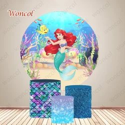 Disney Little Mermaid Circle Backdrop Girls Birthday Princess Ariel Backdrop Undersea Mermaid Round Cylinder Cover Party Decor