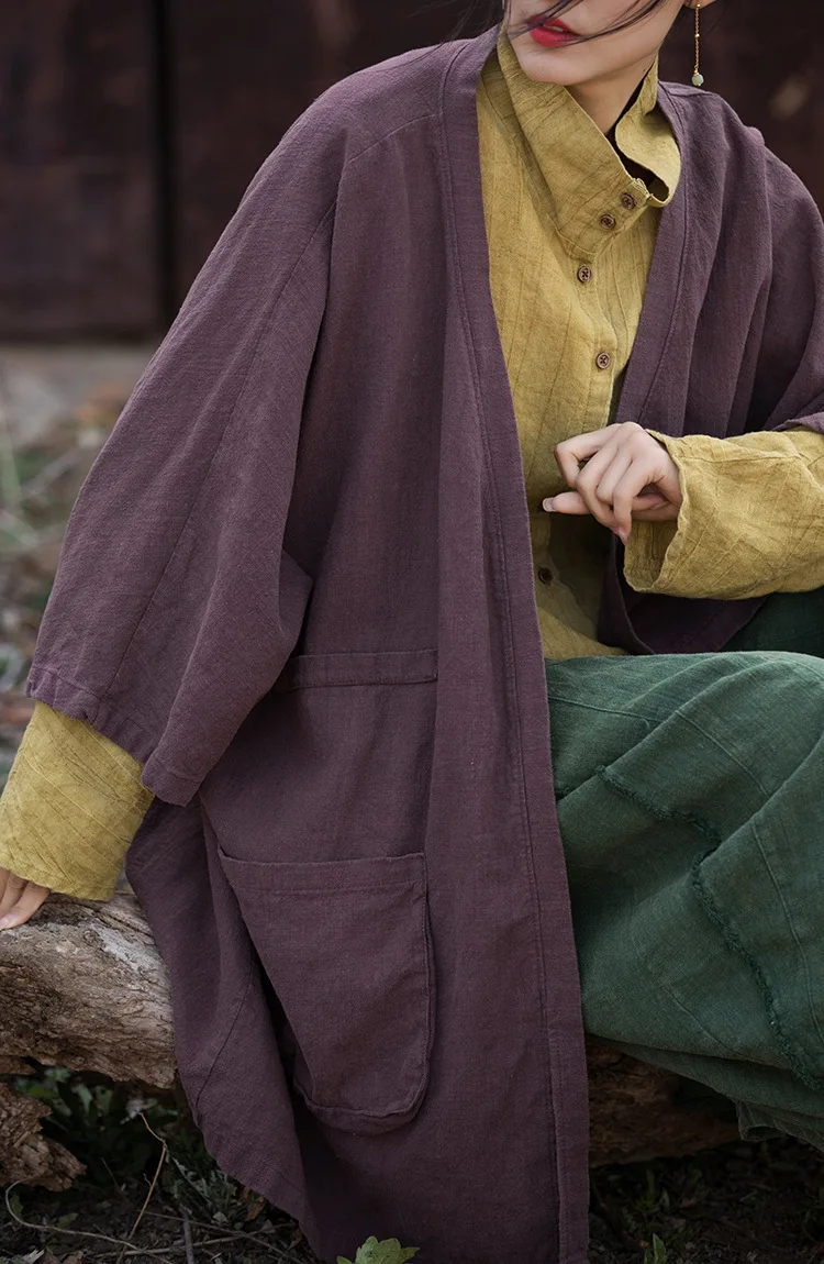 Outono inverno mistura de algodão tingido original robe-estilo casaco solto-ajuste de comprimento médio cardigan preguiçoso boho-chique topo feminino