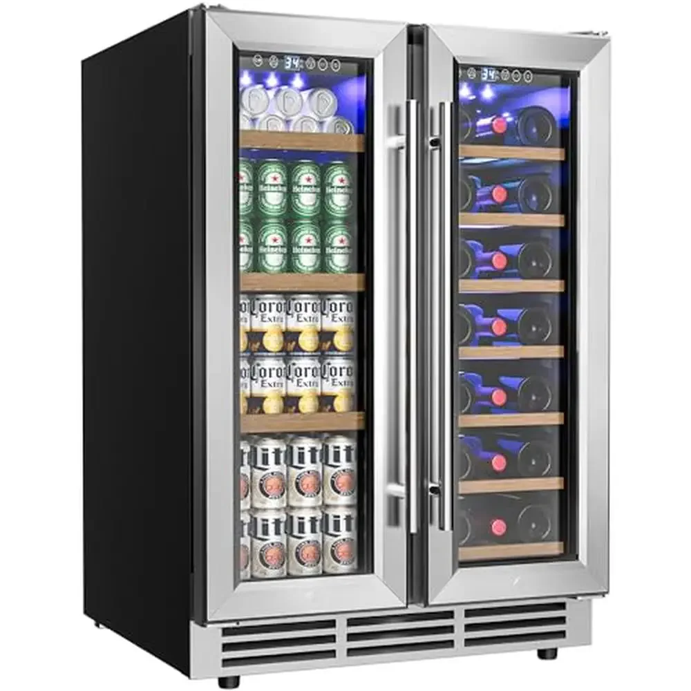 Dual Zone Wine and Beverage Refrigerator Holds 21 Bottles and 88 Cans Built-in or Undercounter Efficient Cooling LED Light &