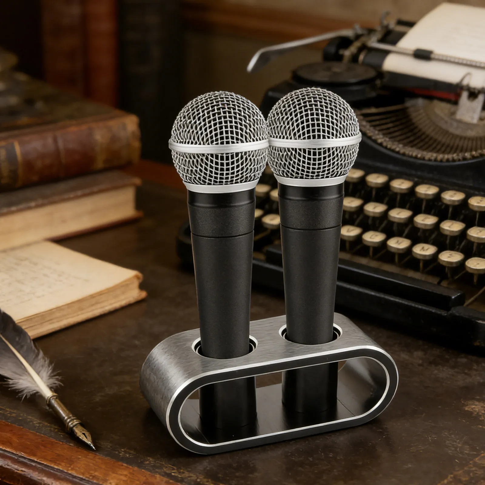 2 Slot Aluminum Microphone Stand Space Black Heavy Duty Wireless Mic Holder Desktop Rack Mic Organizer for Hotel Lobby Ktv