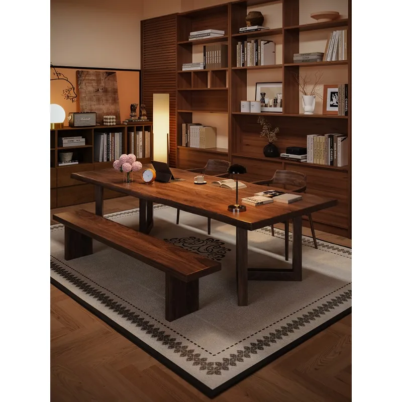 Vintage South American Walnut Writing Desk Large Slab Computer Table with Stone Inlay Luxury Oriental Zen Boss Office Table