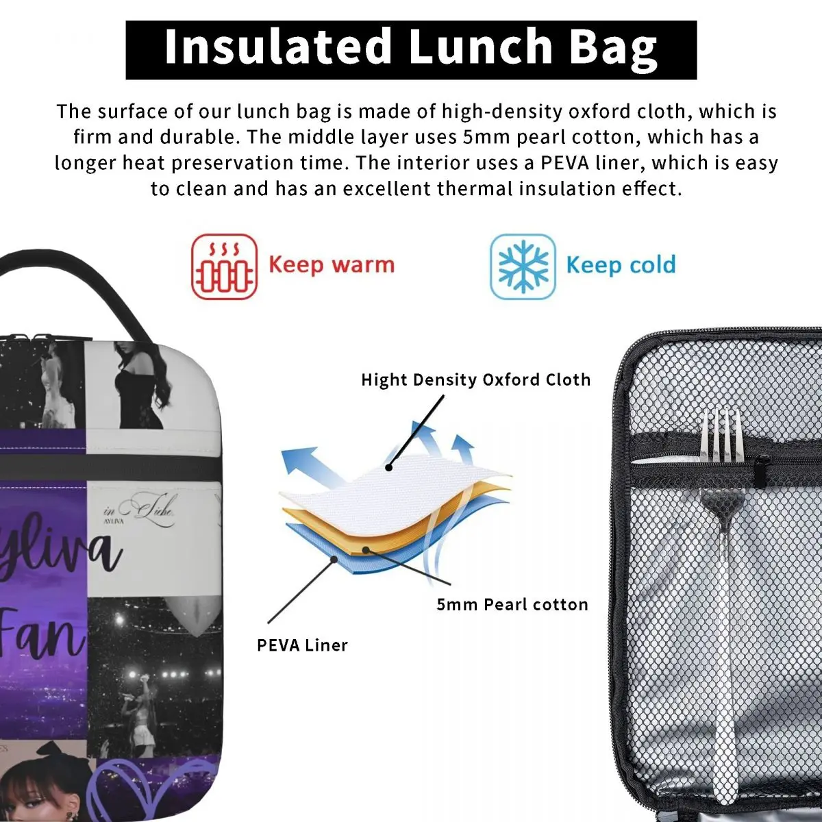 Ayliva 콜라주 상품 투어 2025 점심 가방 휴대용 지퍼 도시락 상자 성인 피크닉 인쇄 쿨러 가방 캐주얼 옥스포드 점심 가방