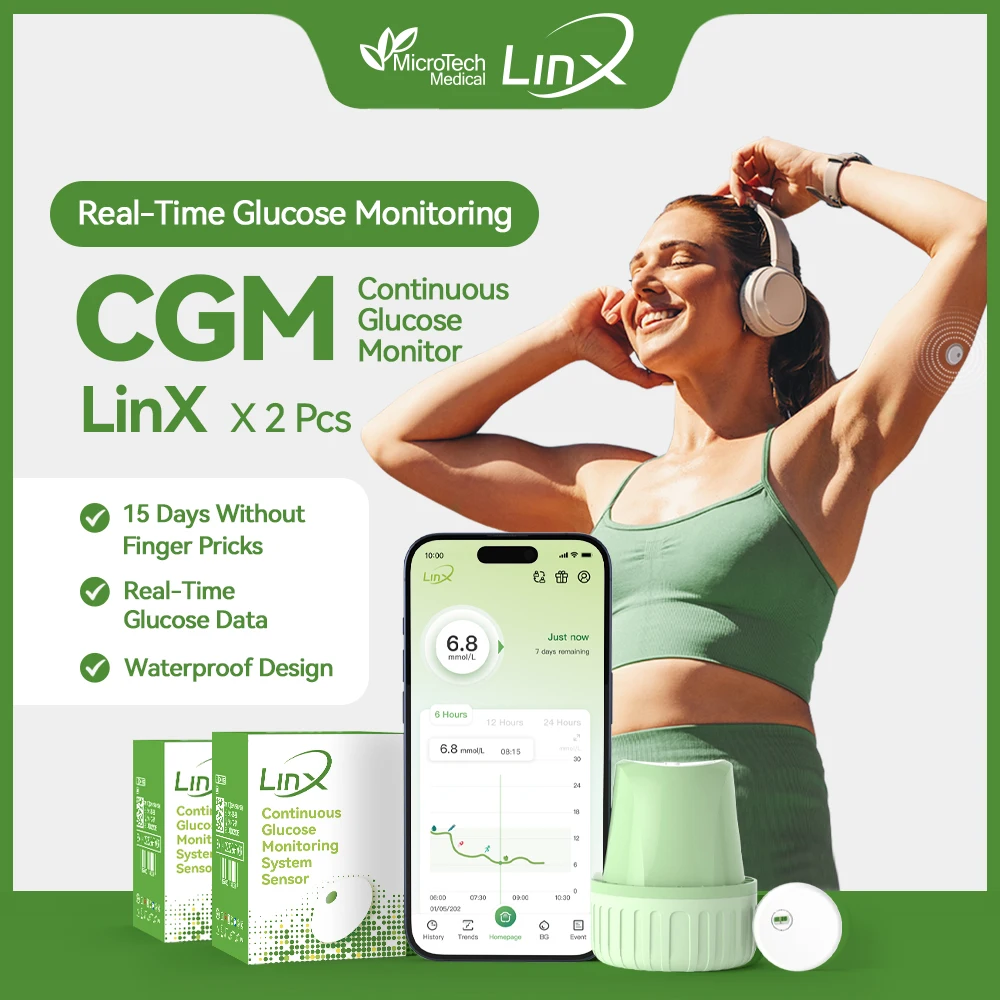MicroTech LinX CGM 2 Sets, Monitoreo Continuo de Glucosa 24/7, Monitor de Glucosa en Tiempo Real de 15 Días, Sin Pinchazos en el Dedo