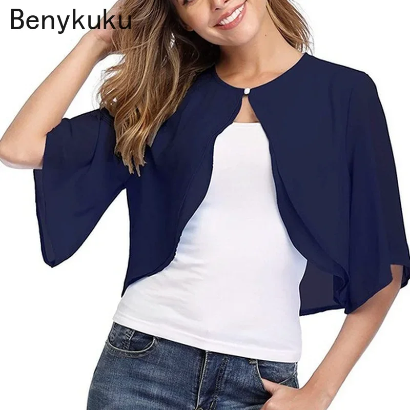 Summer Solid Chiffon Shirts Capes Women Half Sleeve Shrug Open Front Bolero Tops Cardigan Elegant Female Clothes Black White Red