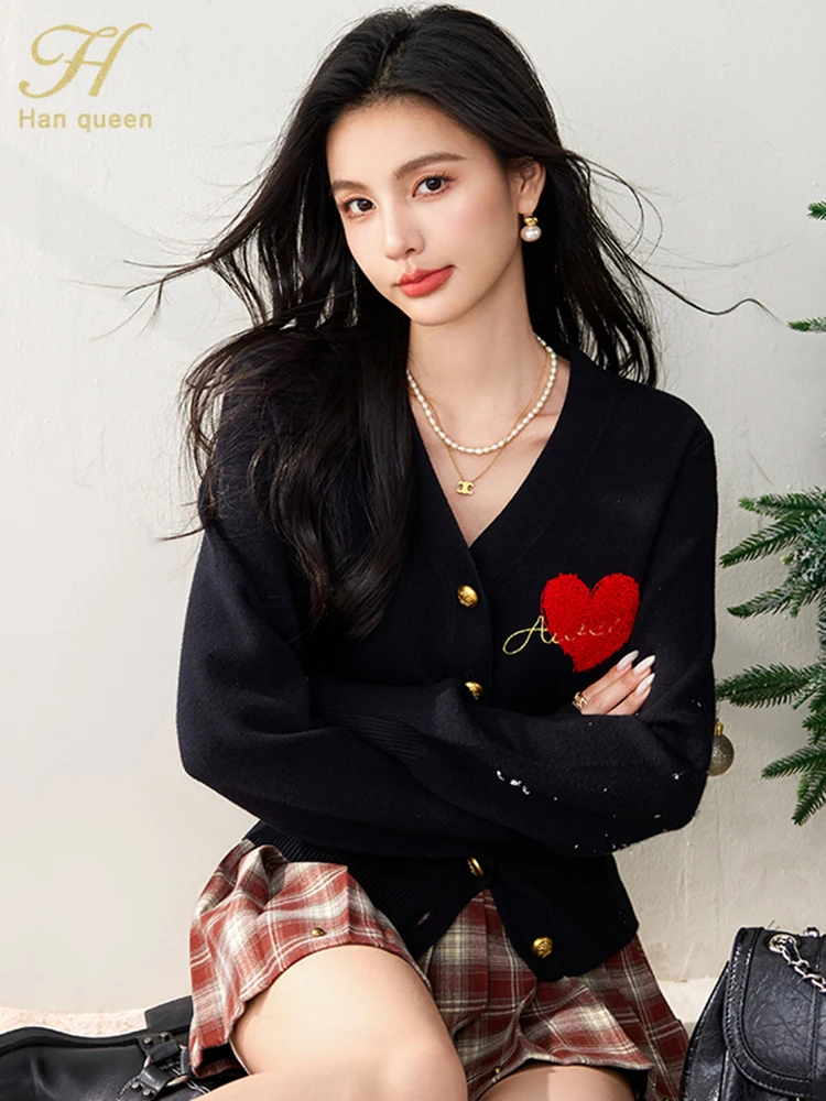 H Han Queen New Clothing Embroider Women\'s Sweater Knitwear Simple V-Neck Long Sleeve Tops Woman 2024 Korean Chic Casual Jacket
