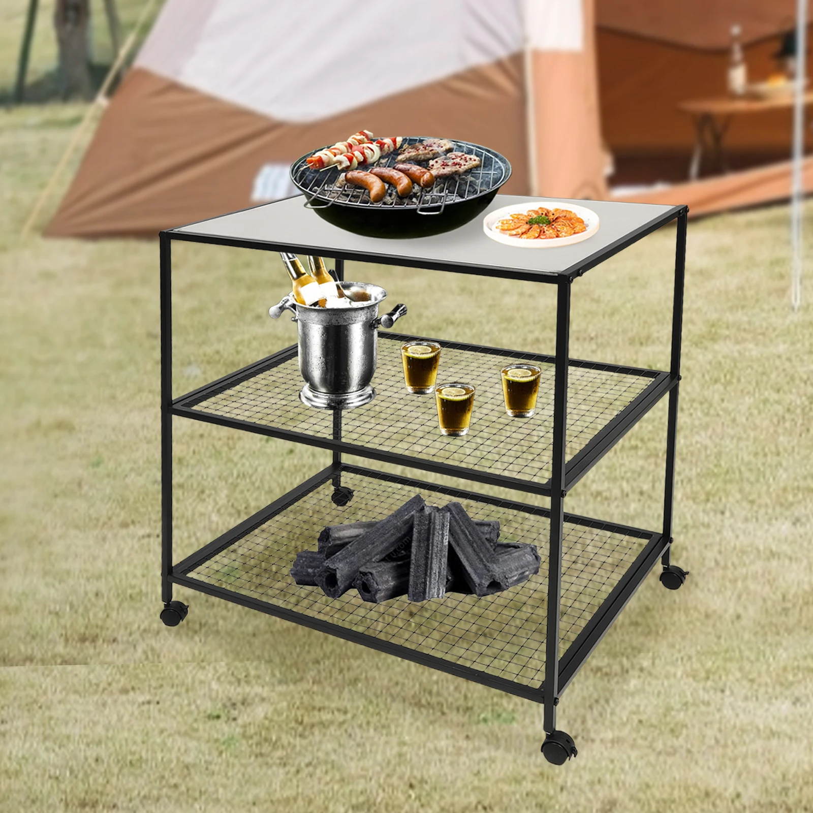 

Movable Dining Cart Outdoor BBQ Food Prep Table Kitchen Serving Table Stainless Outdoor Dining Cart Table Grill BBQ Food Prep