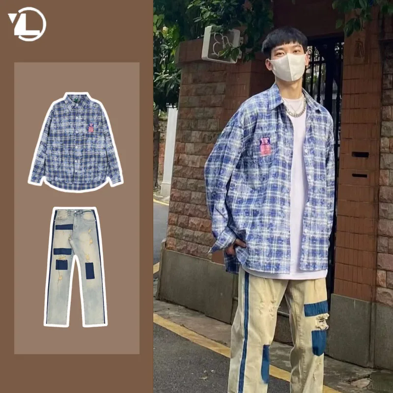 Spring Street Fashion Set Mens Blue Plaid Printed Shirt+color Blocking Trendy Jeans 2-pcs Set Retro College Suit Male New