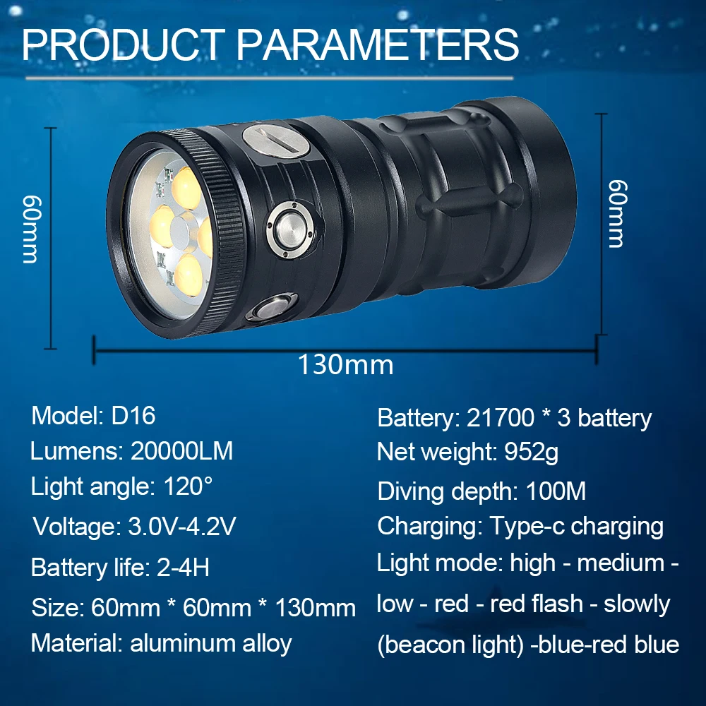 Diving flashlight, D16 20000 LM Scuba diving lighting 100m, 120 Degree wide beam angle, Photography video fill light