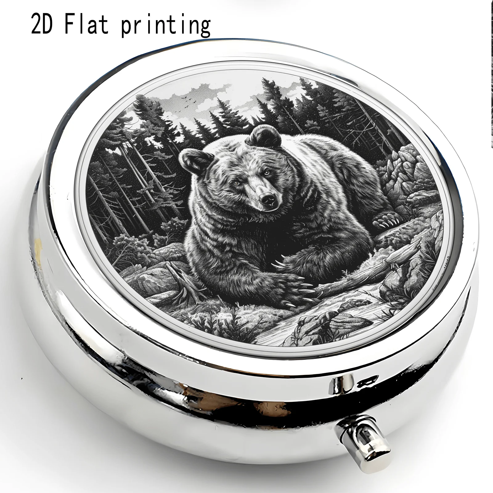 Vintage Black and White Line Drawing Forest Brown Bear Circular Illustration Pattern, Round Three-Compartment Small Medicine Box, Portable Medicine Storage, Small Jewelry Storage, Suitable for Handbags or Travel, Holiday Gifts, Souvenirs, Prizes, Small Gifts, Suitable for Personal Use or as an Exquisite Gift Option