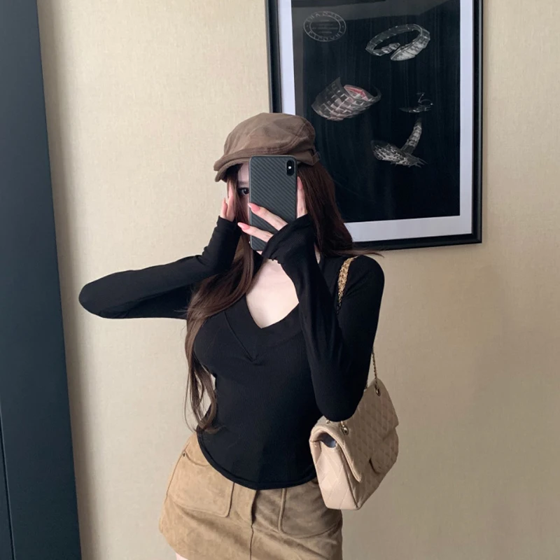 Early Autumn Pure Desire Sexy Deep V Neck Straight Shoulder Long Sleeve Slim Fit Thin Versatile Bottoming Shirt Top