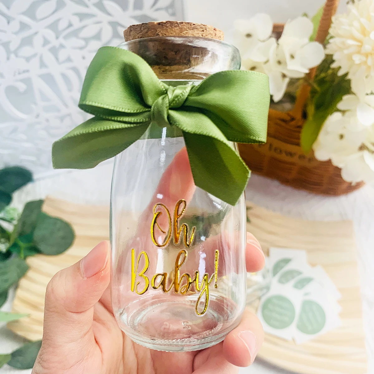 12 Set Oh Baby Woodland Milk Glass Bottles with Ribbons Stickers Vintage Baby Shower Favors for Guests Table Centerpieces Decor