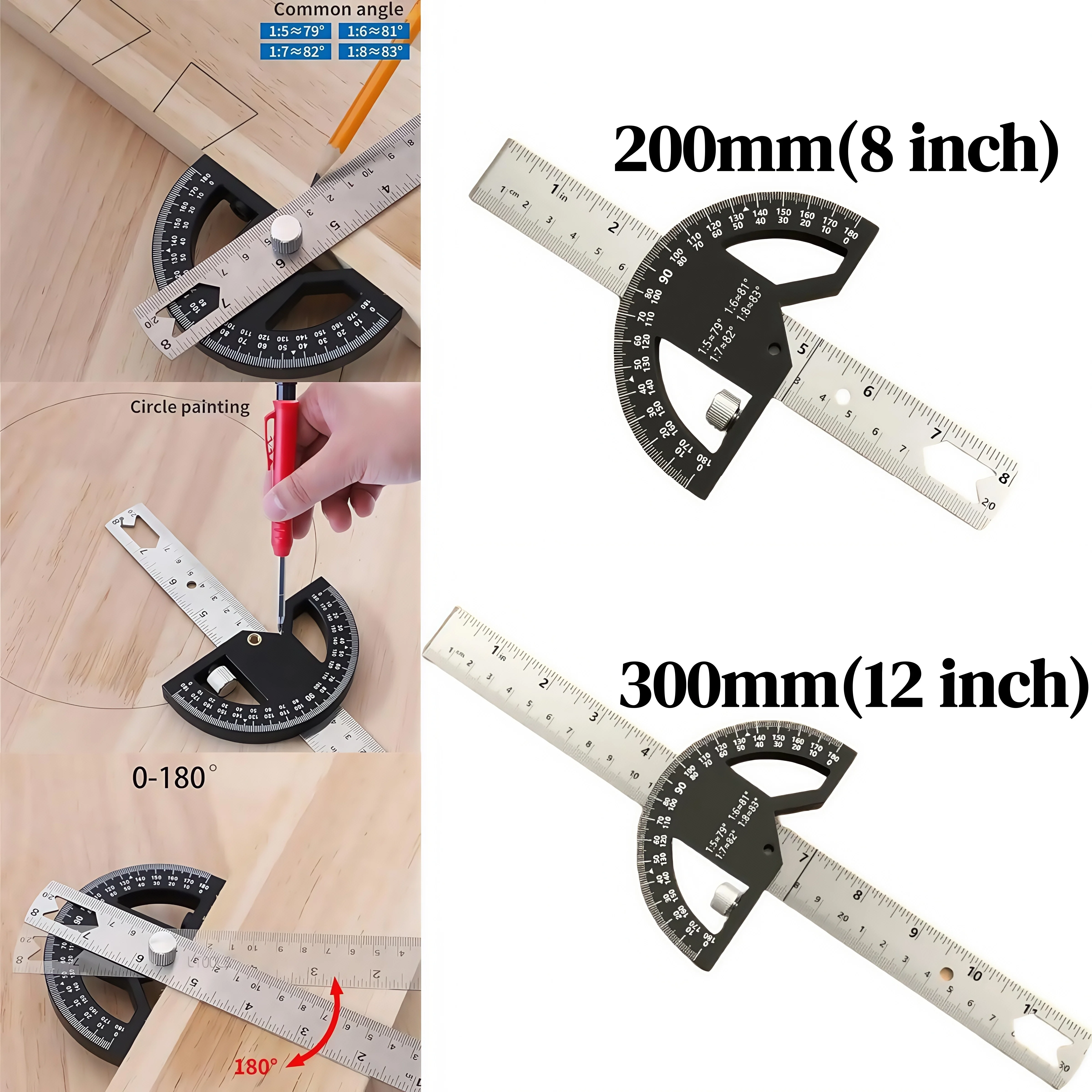 

8/12 дюймов 180 ° Транспортир из алюминиевого сплава/пластика, угловой искатель, угловая линейка, деревообрабатывающие инструменты, измерительная линейка, измерительный гониометр