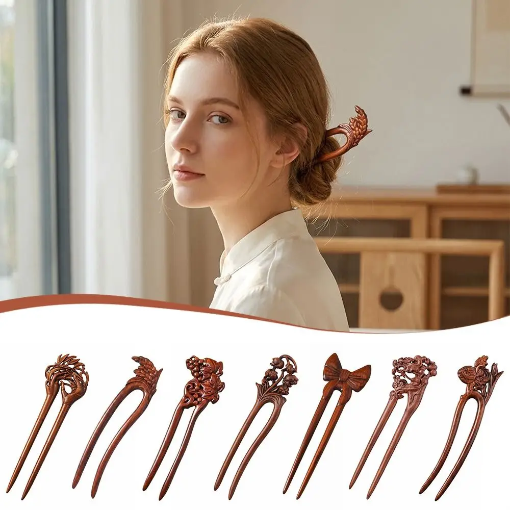 Hair Accessories Headwear Double Hairpin Wood Carved Chinese Style Flowers Hair Fork U-Shaped Wood Hair Sticks Women