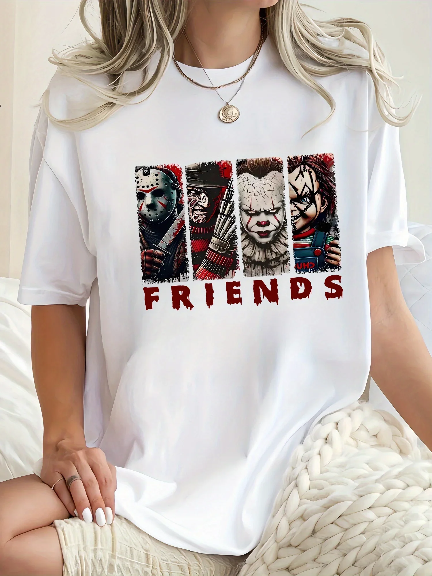 

Последняя популярная свободная и дышащая женская хлопковая футболка с короткими рукавами и популярным рисунком фильма ужасов с круглым вырезом