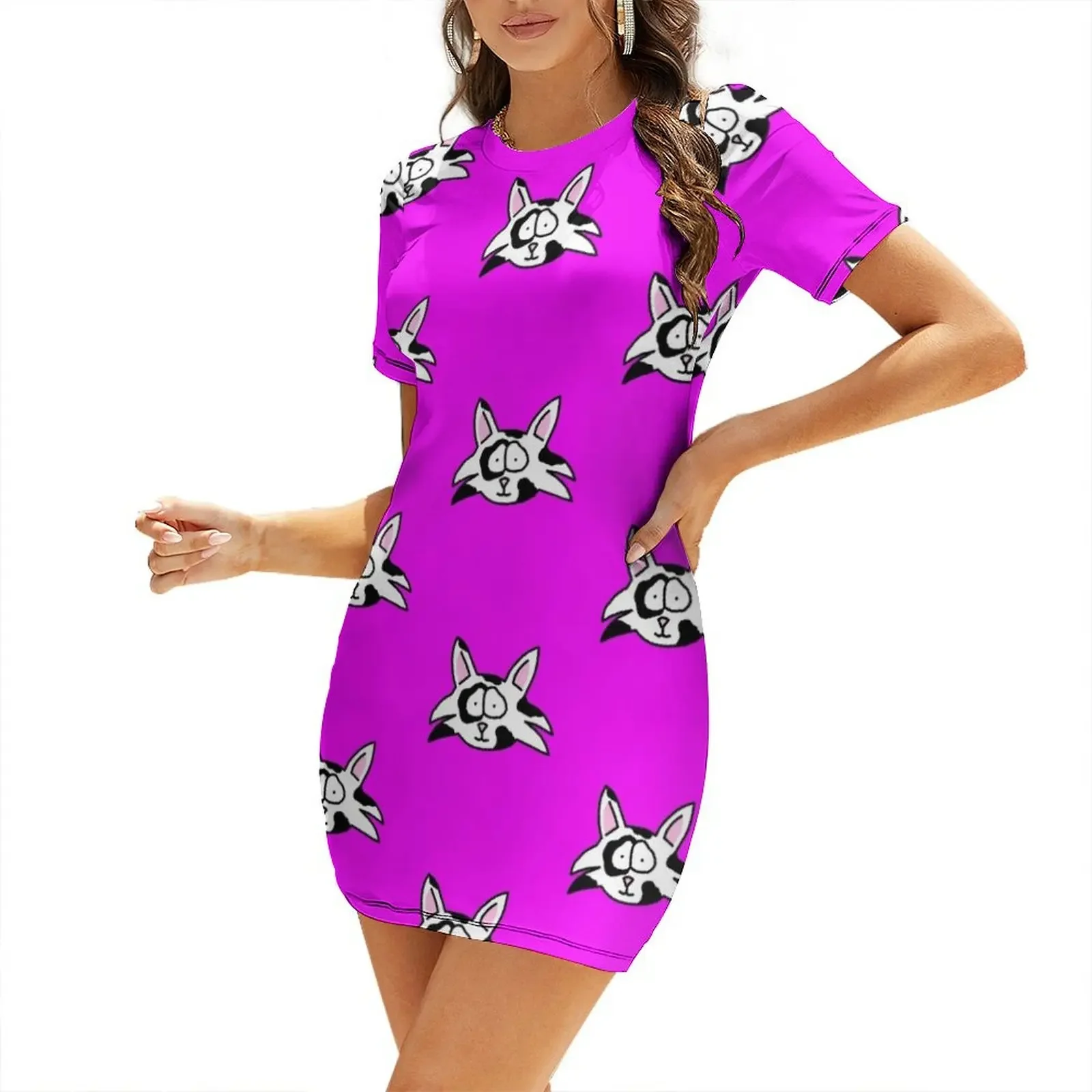 

Cat Patches Short-Sleeved Dress Beachwear Woman dresses summer dress korean women