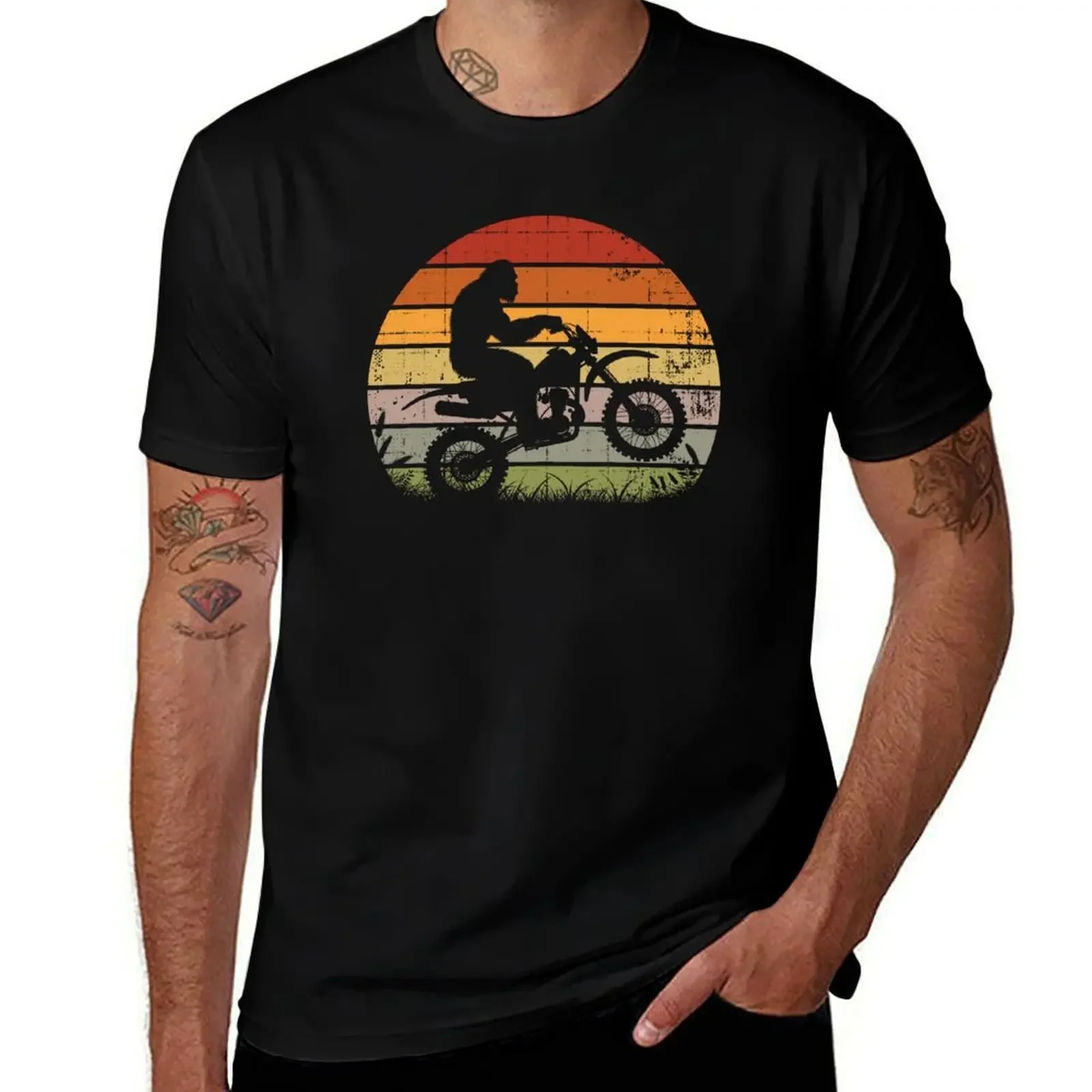 

Bigfoot Sasquatch Riding a Motorcycle Vintage Distressed Sunset Outdoor T-Shirt fashion shirts mens vintage t shirts