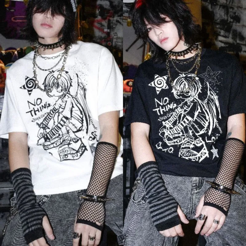 

Dark Rock Punk Y2K Tops&Tee Girl Millennium T-shirt Man America Cotton Japan Summer Printed Black Loose Short Sleeve Tee Top New