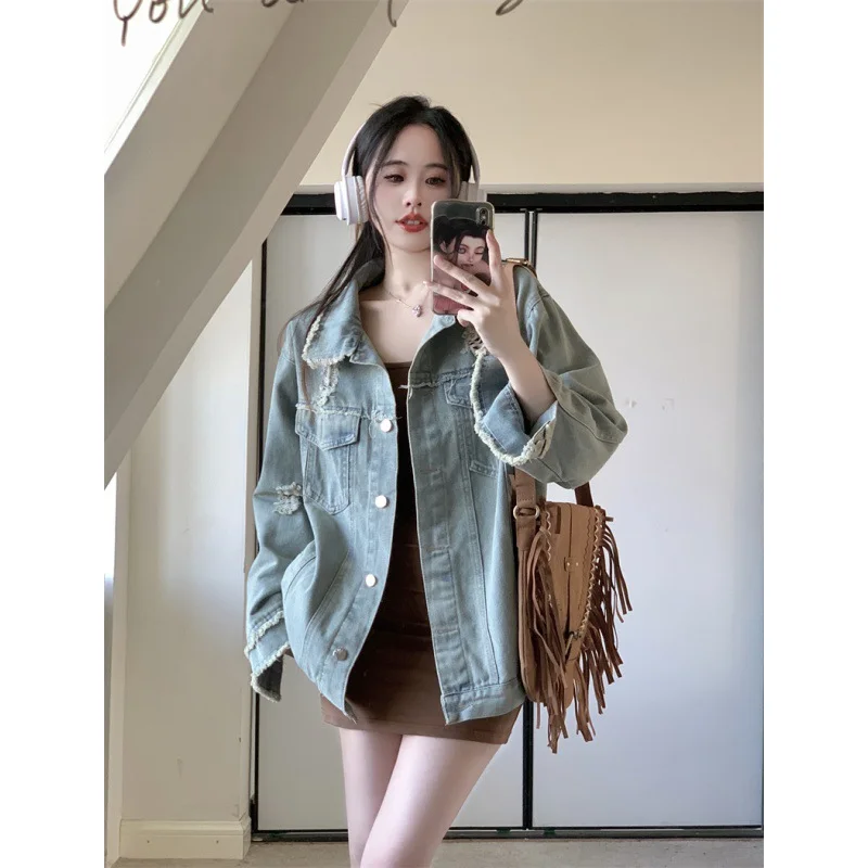 

ZOUXO Women Jacket 2023 Spring Autumn Make Old Versatile Denim Jacket Original Design Casual Loose Tattered Coat