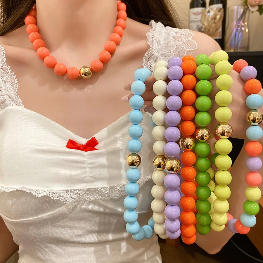 Multi-color Round Acrylic Beaded Bracelets for Women Stackable Strand Stretch Resin Bangles Daily Beach Picnic Jewelry Holiday K