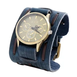 Relogio Masculi Retro Big Wide Genuine Leather Strap Watch Men Punk  Quartz Cuff Watch Wristwatches Bracelet Unusual Wrist Watch