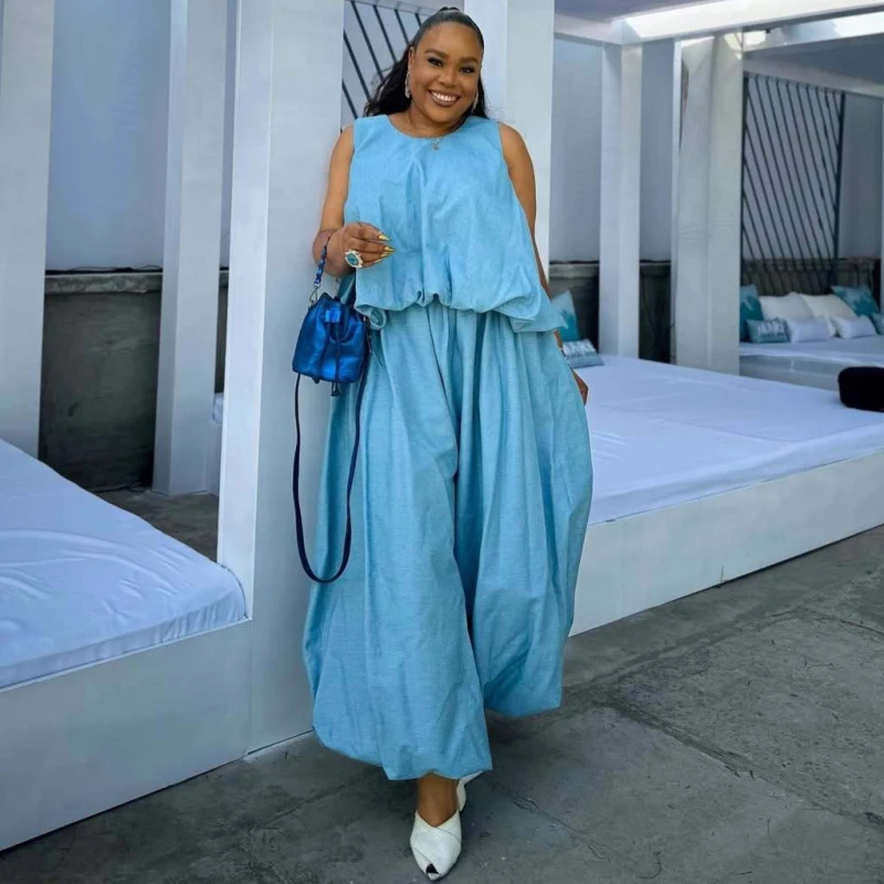 

New African Fashion Women Pants Set Solid Color Sleeveless Loose Top And Pants Set