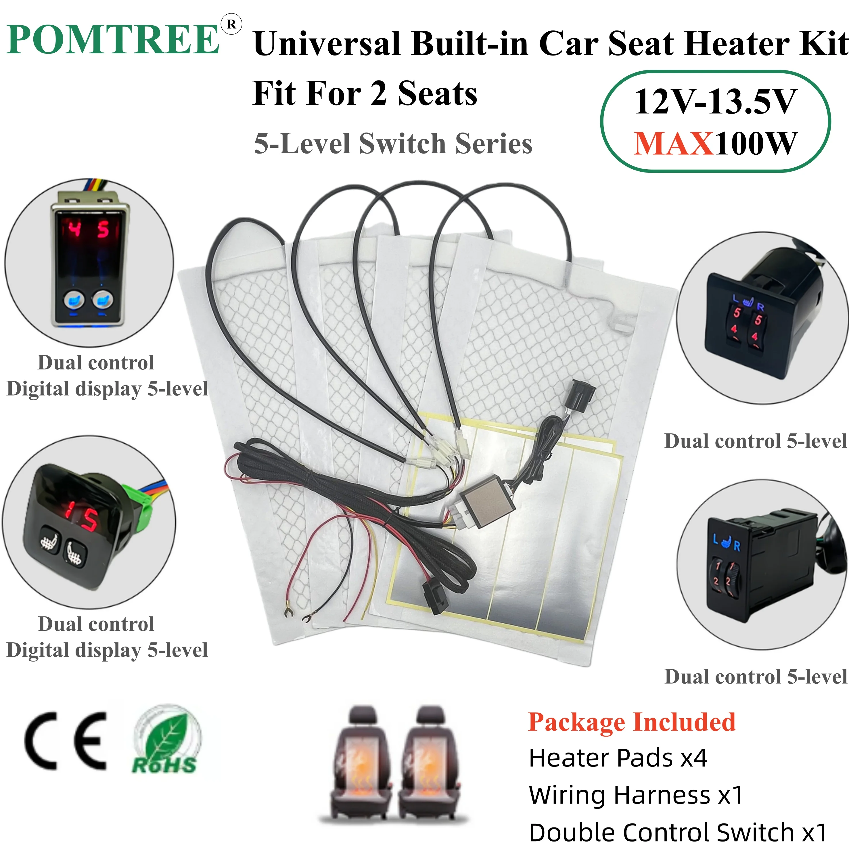 Universal Built-in Car Seat Heater Kit Fit 2 Seats,12V MAX 100W Carbon Fiber Heating Pads 5-level Control Switch Digital Display