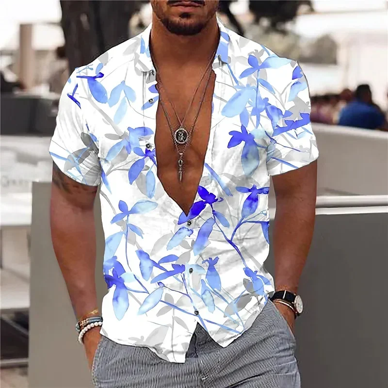 Camisa havaiana justa masculina, blusa de férias, slim fit diário, estampa floral, folhas da sociedade, moda casual, verão, elegante, 2024