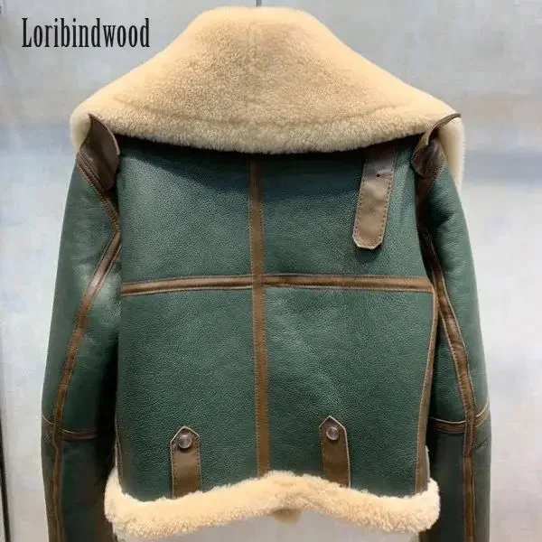 2022 New Winter Clothes Green Stitching Large Lapel Motorcycle Clothing Women\'s Thickened Short Fur One-Piece Sheepskin Coat