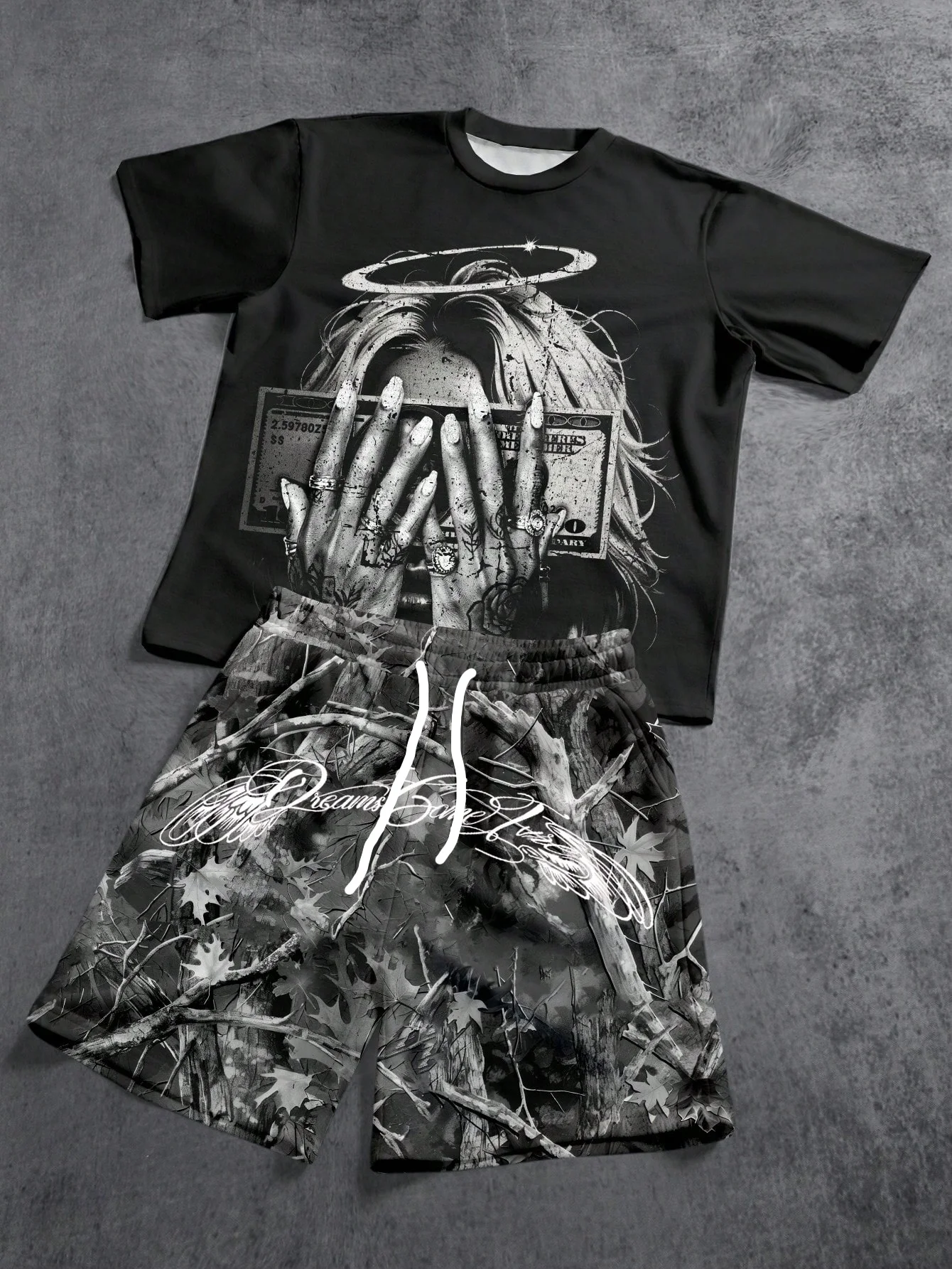 2026 New Halo Figure Money Graphic T-shirt Camo Script Shorts Two Piece Set Elastic Drawstring Hip Hop Streetwear Outfit kids