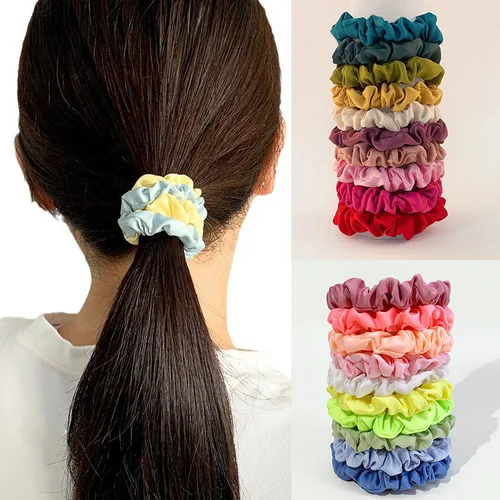 Imagen 2 del producto 10 unids/pack de gomas para el cabello de satén liso, bandas elásticas para el cabello para mujer, lazos para el cabello de Color sólido, bandas de goma con puntos, accesorios para el cabello