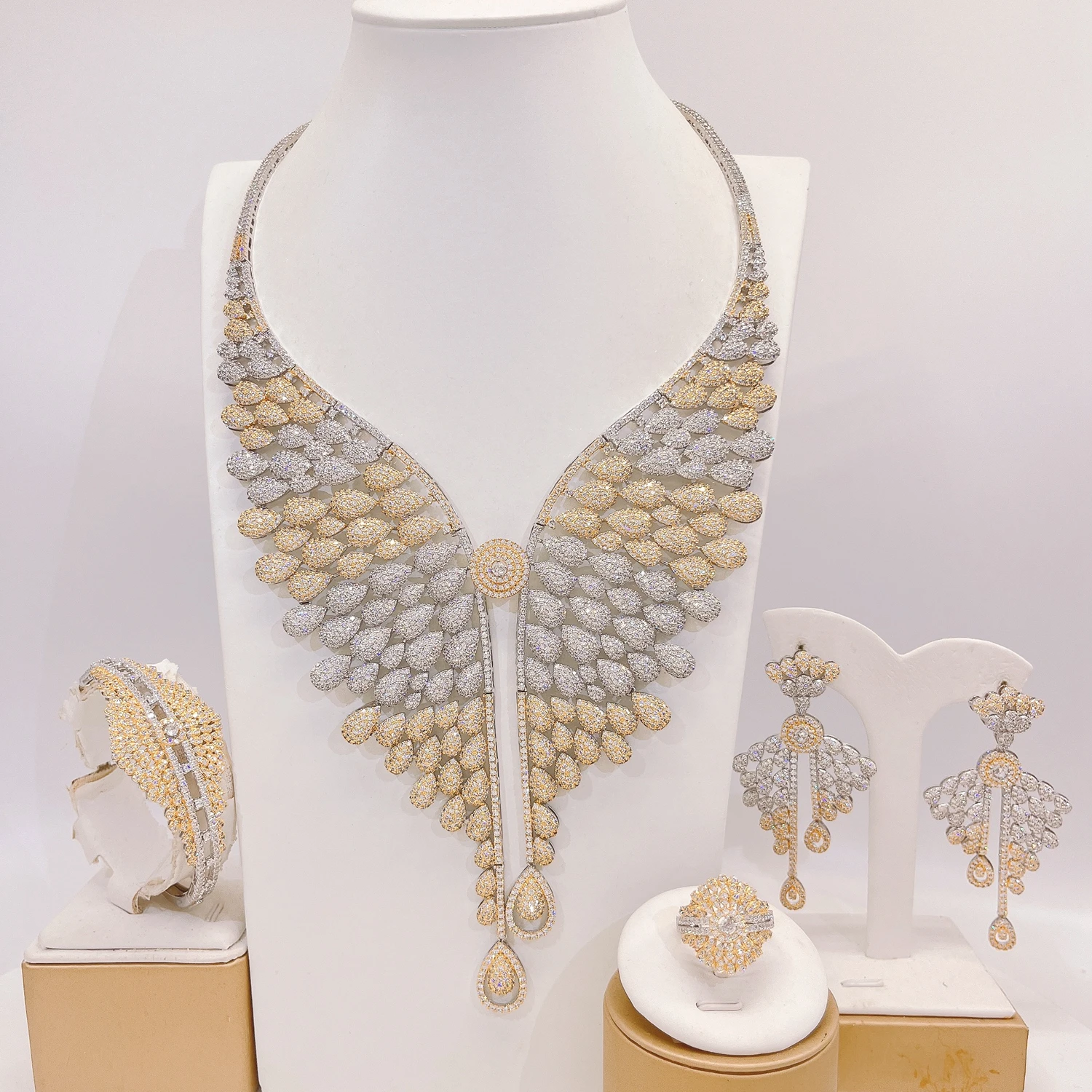 Yulaili Non-tarnish American Diamond 5A Grade Cubic Zirconia Luxury Jewelry Set for Women Wing Necklace Wedding Banquet HZ25008