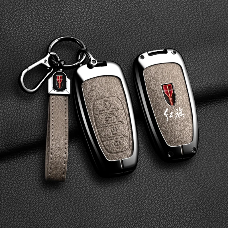 Car Smart Key Case Cover Shell For FAW Hongqi H5 E-HS9 H9 HS9 HS5 HS7 2020 - 2024 Zinc Alloy Leather Auto Keychain Accessories