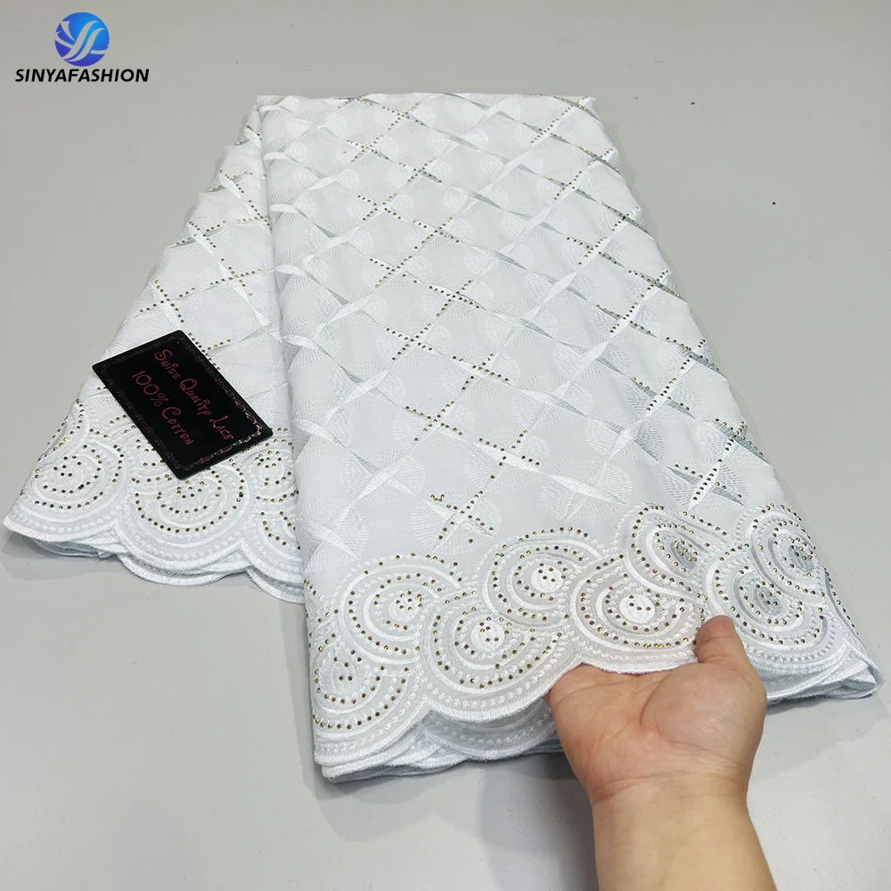 

Sinya Beautiful White Cotton Swiss Voile Lace In Switzerland 5 Yards High Quality Party Stones Embroidery Nigerian Gold Laces